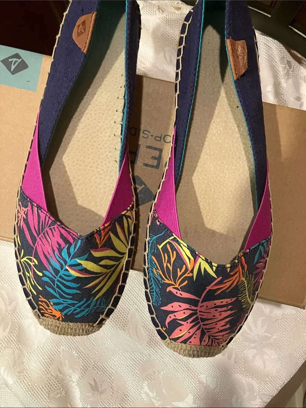 Sperry Navy Floral Espadrilles with Pink Straps